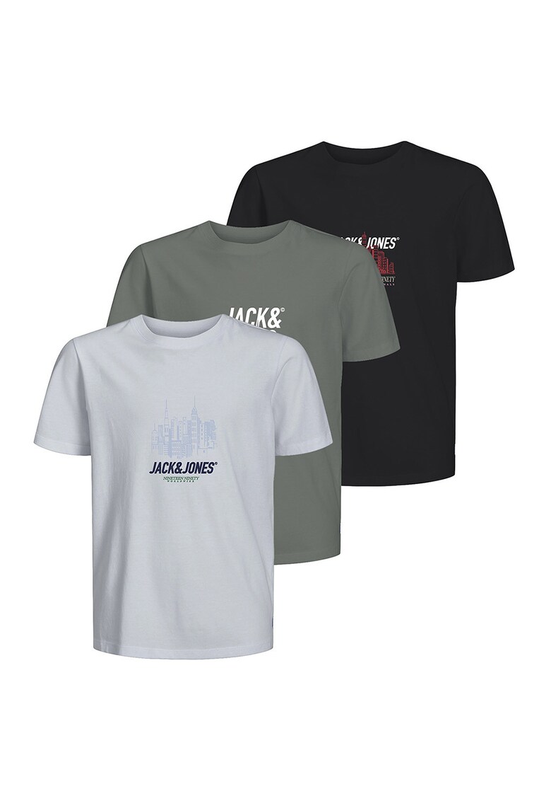 Set de tricouri cu decolteu la baza gatului si imprimeu logo - 3 piese - Alb/Negru/Verde pal