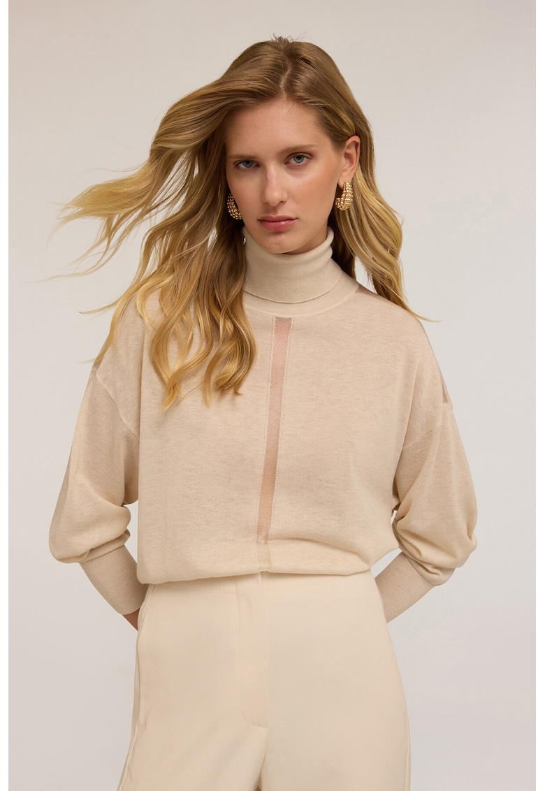 Pulover din amestec de lana cu segmente semitransparente si guler inalt