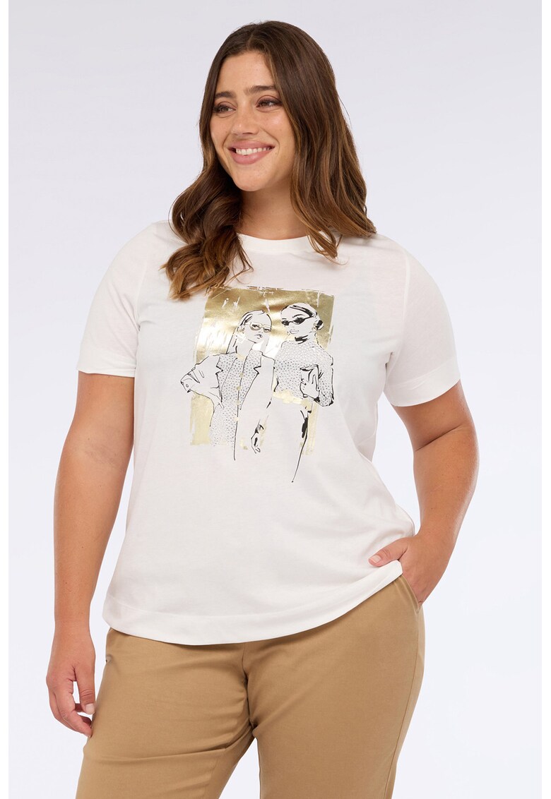 Tricou cu imprimeu grafic si decolteu la baza gatului - Alb/Auriu