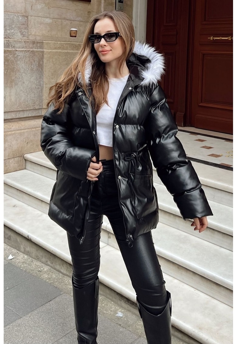 Jacheta pufoasa din piele ecologica cu gluga si detalii din blana artificiala  negru - textil -