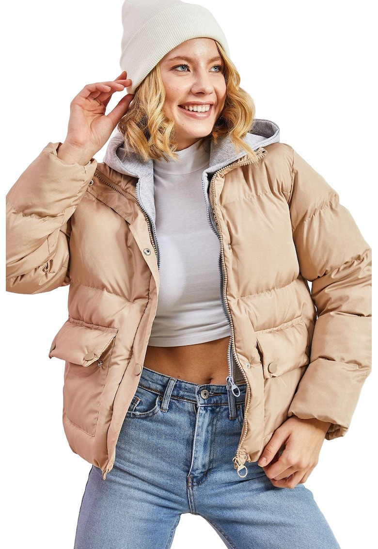 Geaca scurta dama - poliester/bumbac - maro camel