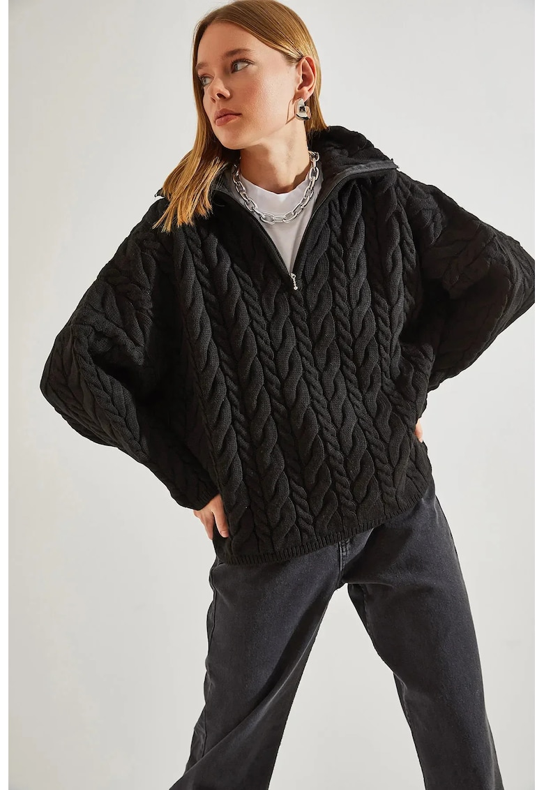 Pulover dama -  tricotat texturat supradimensionat - guler cu fermoar - negru - acril si lana -