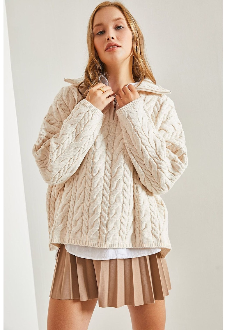 Pulover dama - HiCCUP - tricotat texturat supradimensionat - guler cu fermoar - bej -