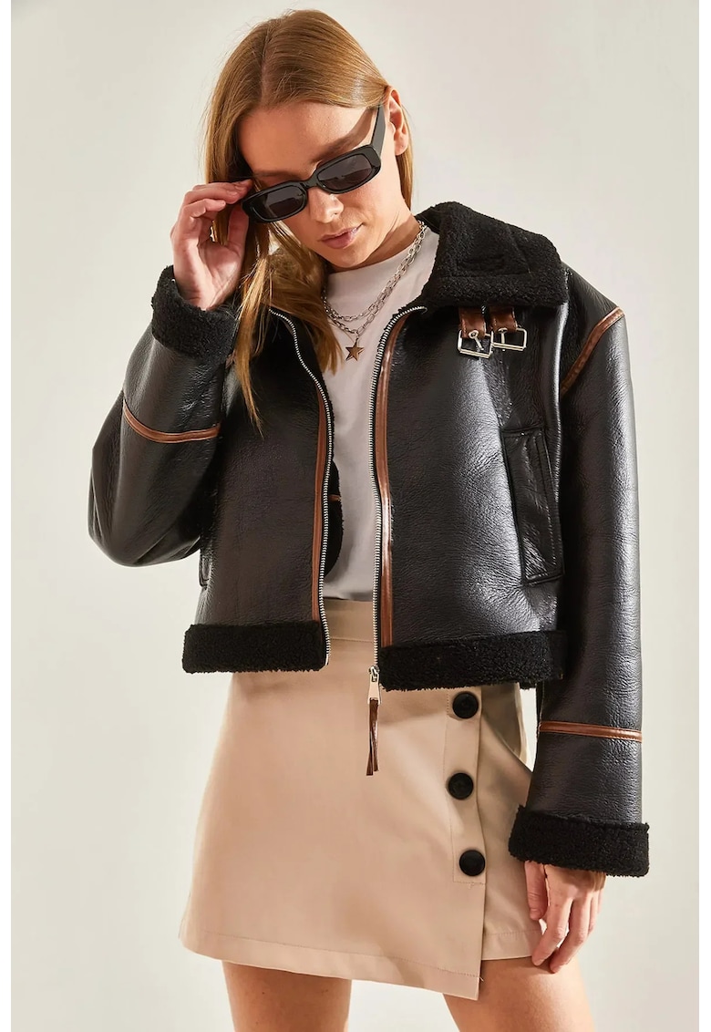 Geaca scurta dama - piele ecologica - negru
