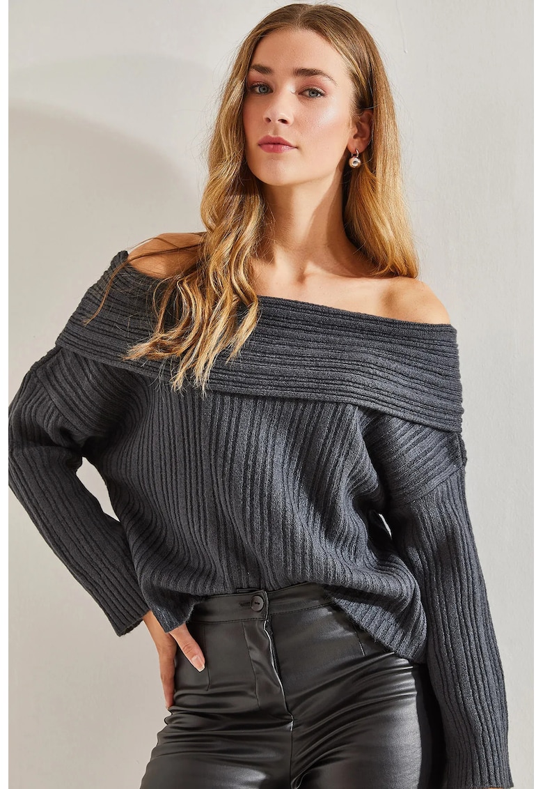 Pulover tricotat - HiCCUP - fara bretele - gri inchis - material acrilic si poliester -