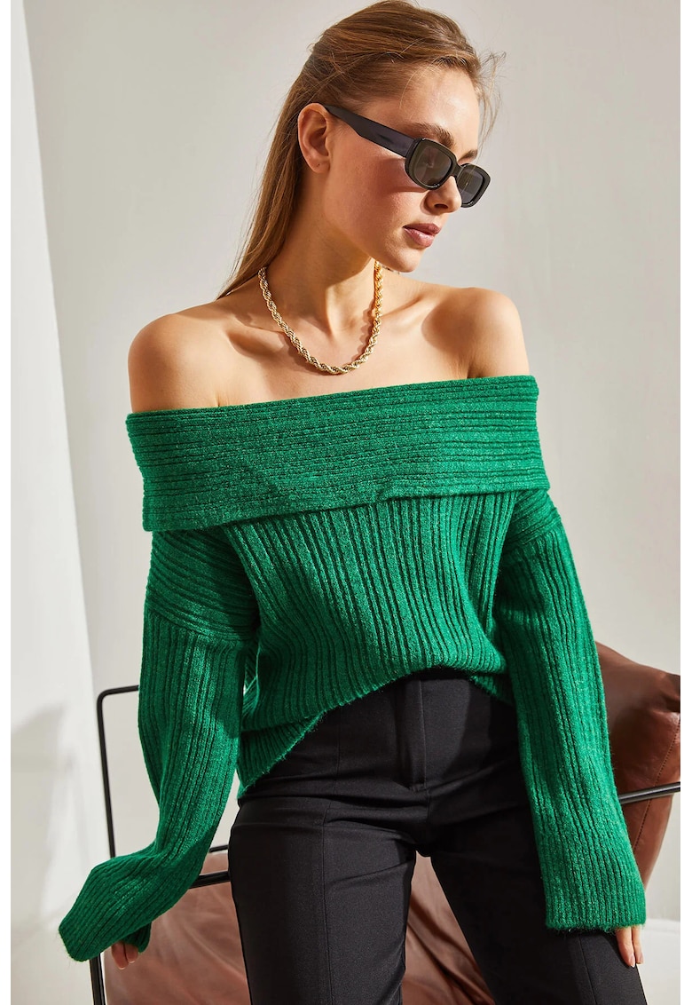 Pulover tricotat - HiCCUP - fara bretele - lungime standard - verde - acrilic si poliester -