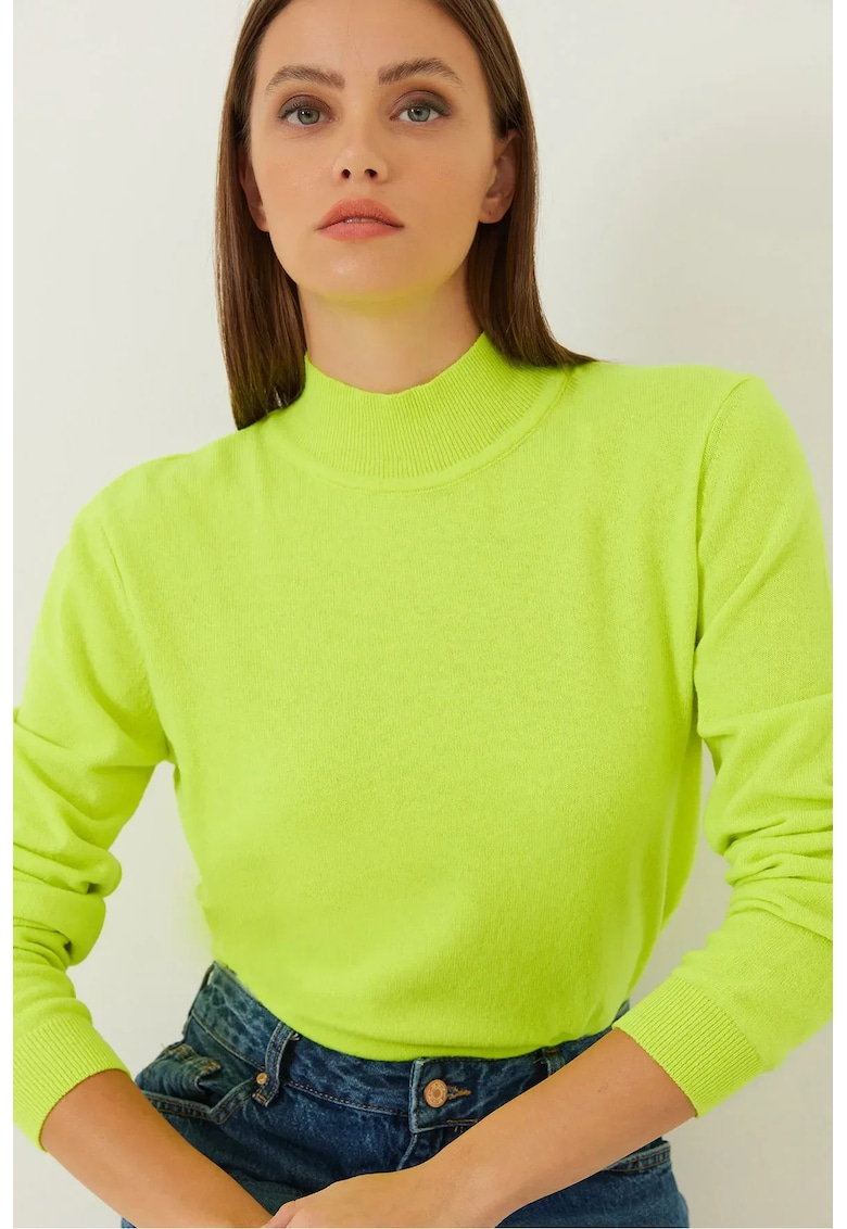 Pulover dama -  tricotat - guler inalt - texturat - verde - lana si poliamida -