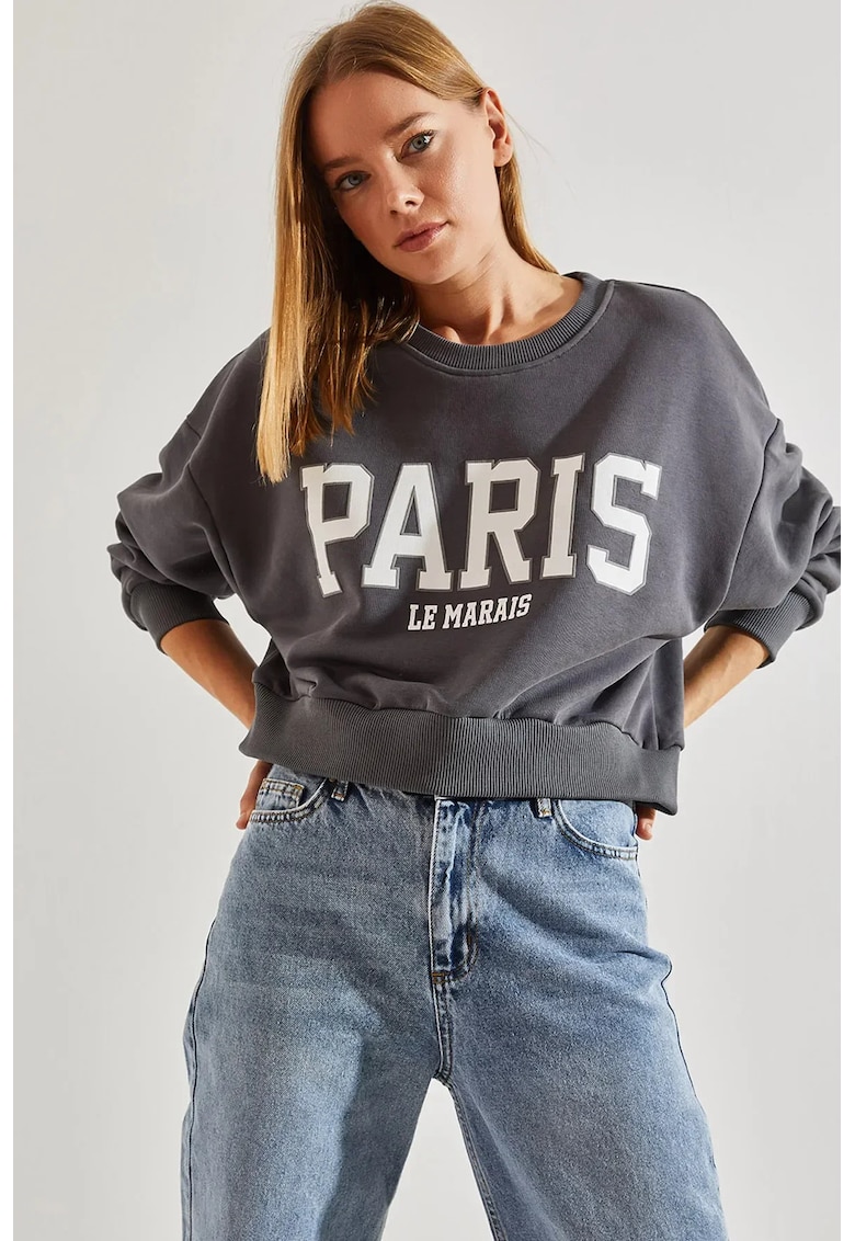 Hanorac dama - confortabil - imprimeu pe spate - gri - bumbac