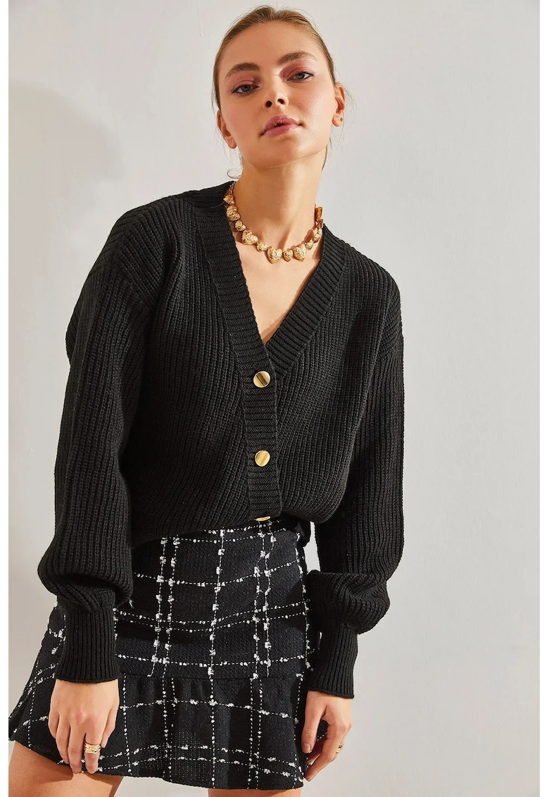 Cardigan scurt -  cu dungi - decolteu in V - negru - tricot -