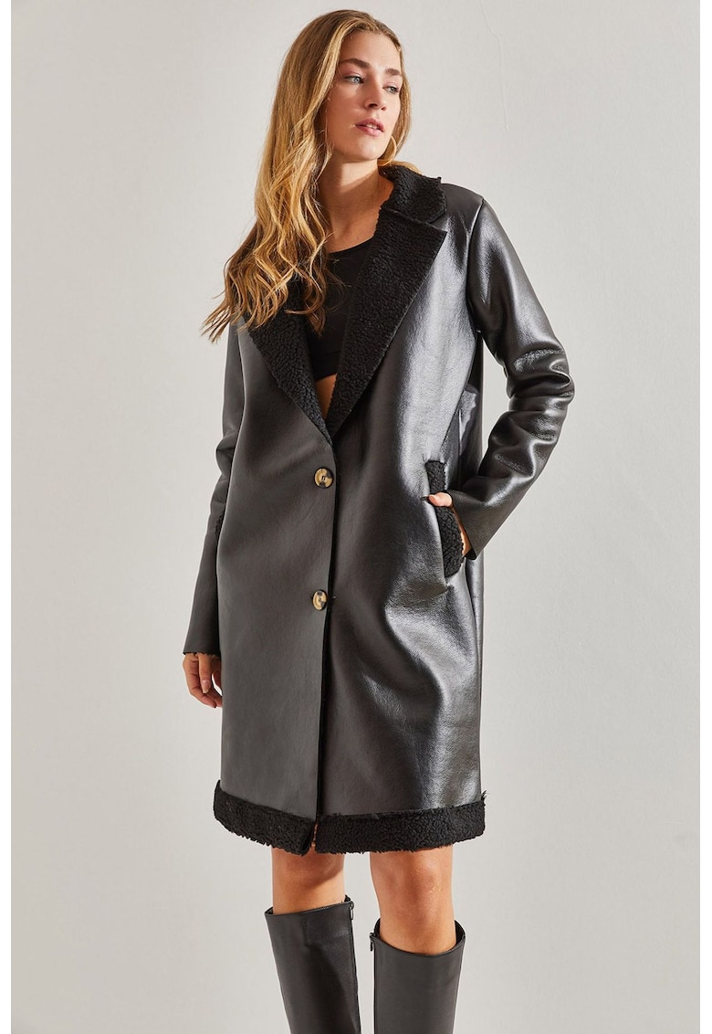 Palton lung dama - din piele ecologica - negru