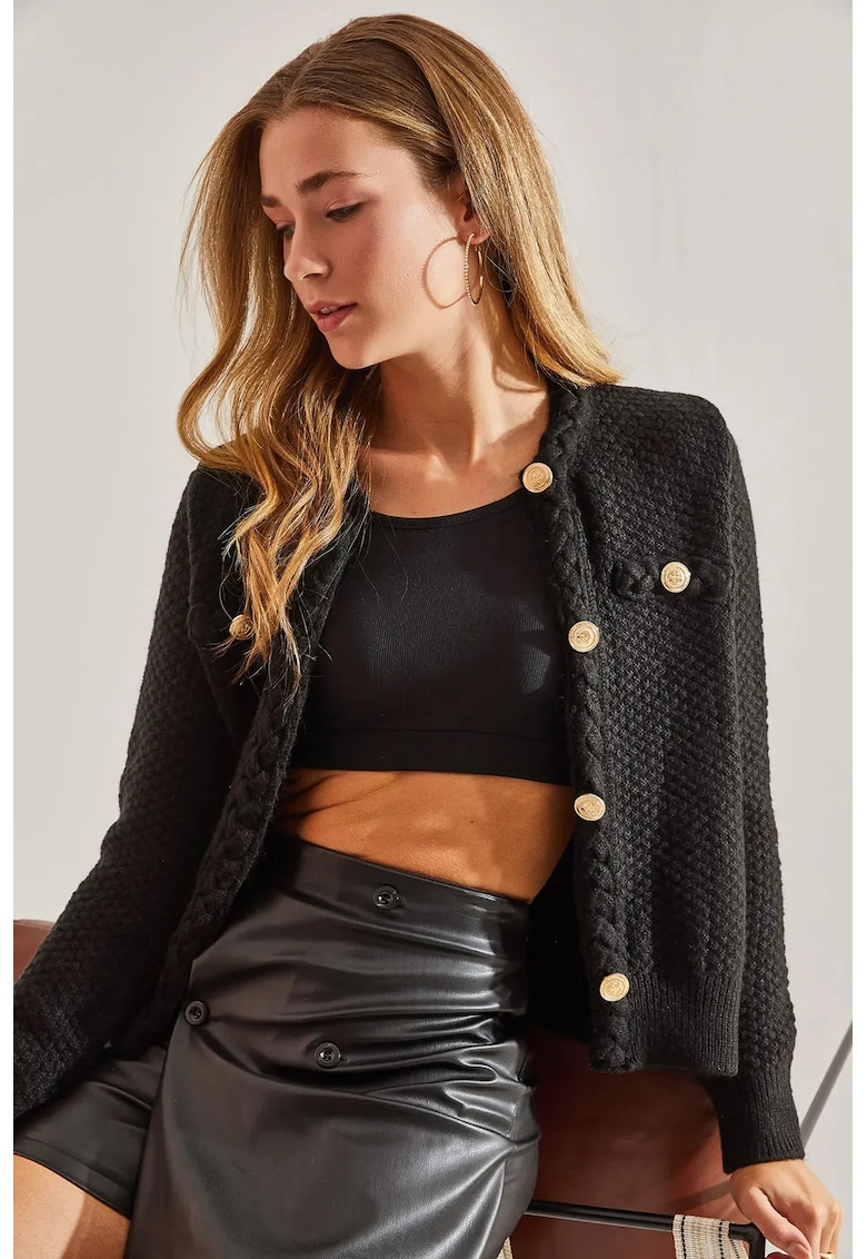 Pulover dama -  cardigan texturat - negru - tricot -