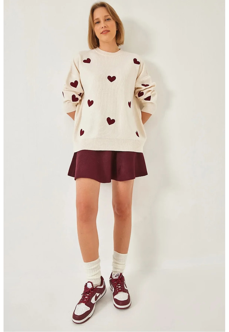 Pulover tricotat - guler rotund - model cu inima - alb - tricot - Pulover tricotat - guler rotund - model cu inima - alb - tricot -