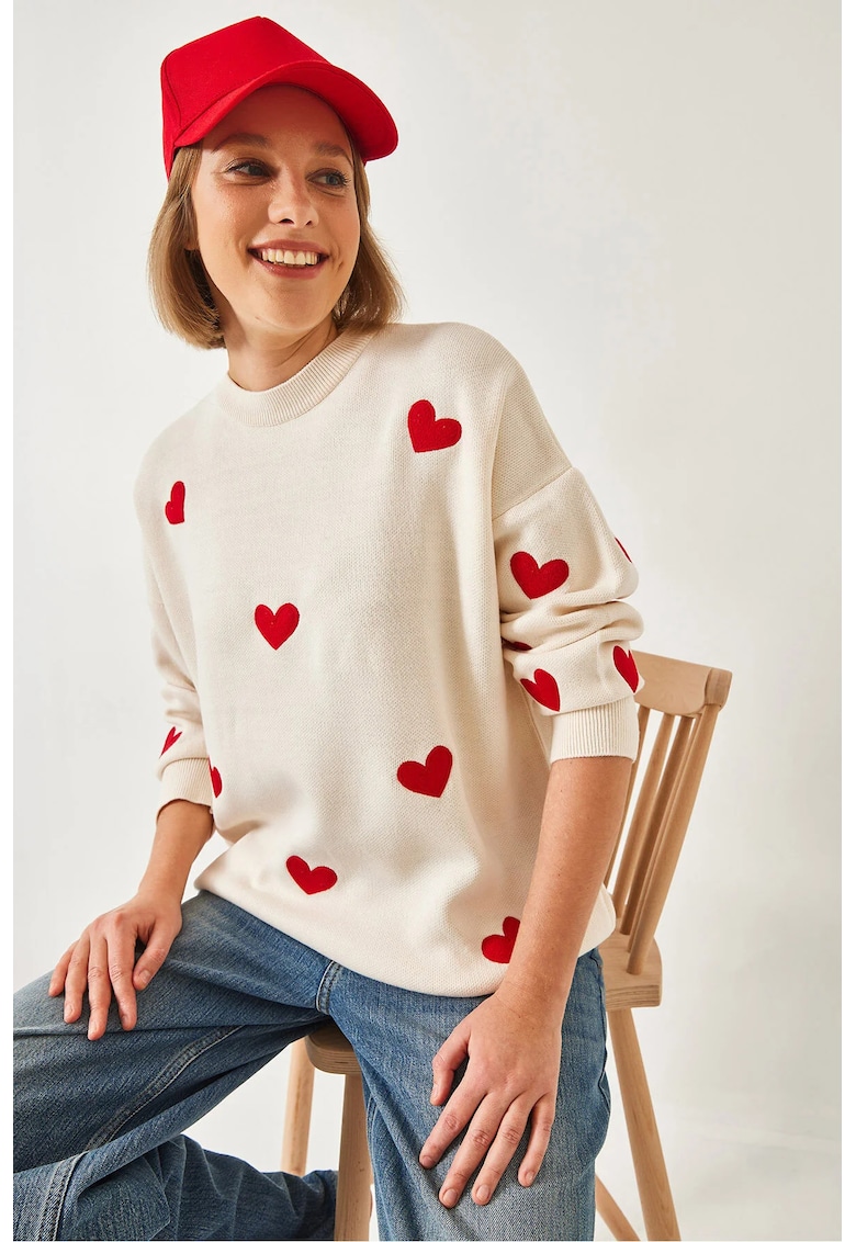Pulover tricotat -  guler rotund - model cu inima - alb - tricot -