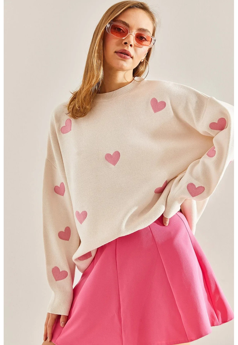 Pulover tricotat -  guler rotund - model cu inima - alb - tricot -