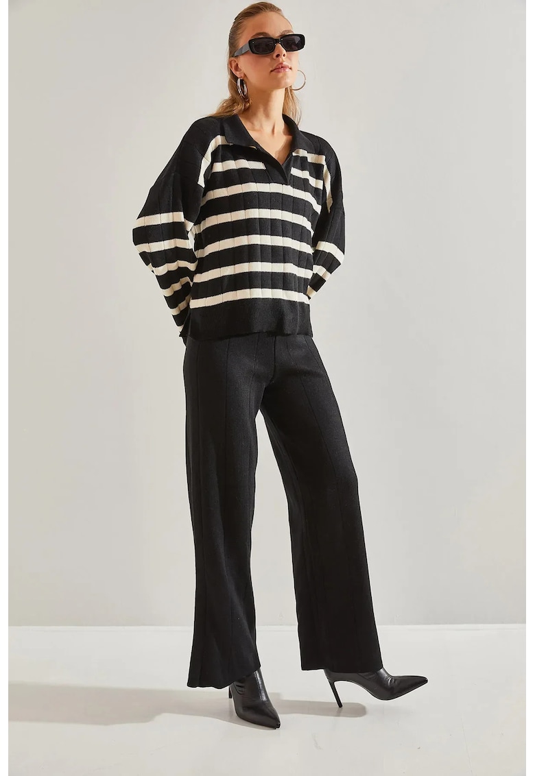 Set coordonat - Tricotat cu dungi - guler clasic - negru - tricot -