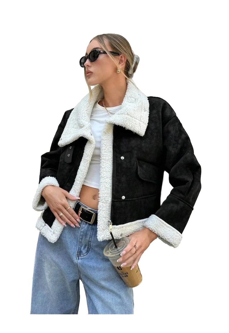 Geaca bomber scurta dama - piele ecologica cu blana artificiala - alb/negru