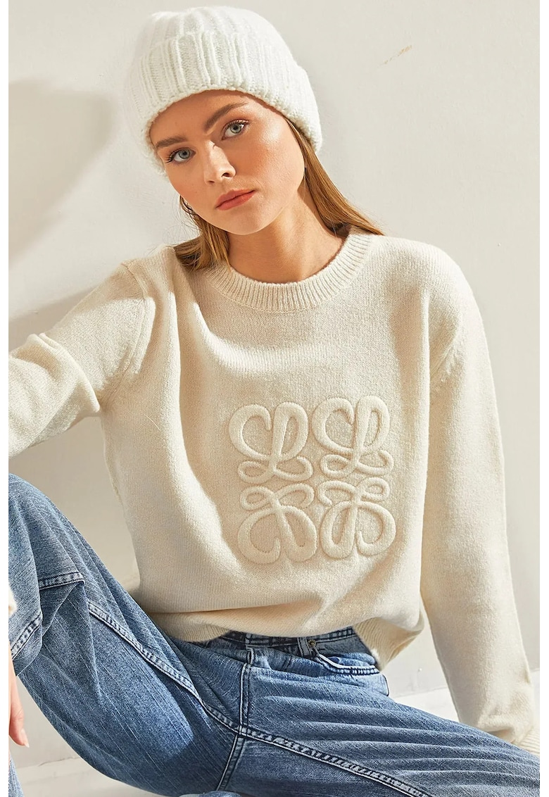 Pulover tricotat - guler rotund - broderie - alb - tricot - Pulover tricotat - guler rotund - broderie - alb - tricot -