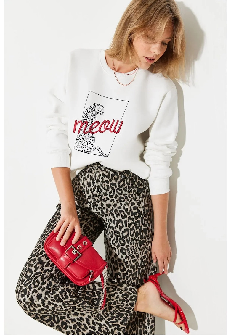 Hanorac dama - guler rotund - imprimeu leopard - alb - bumbac