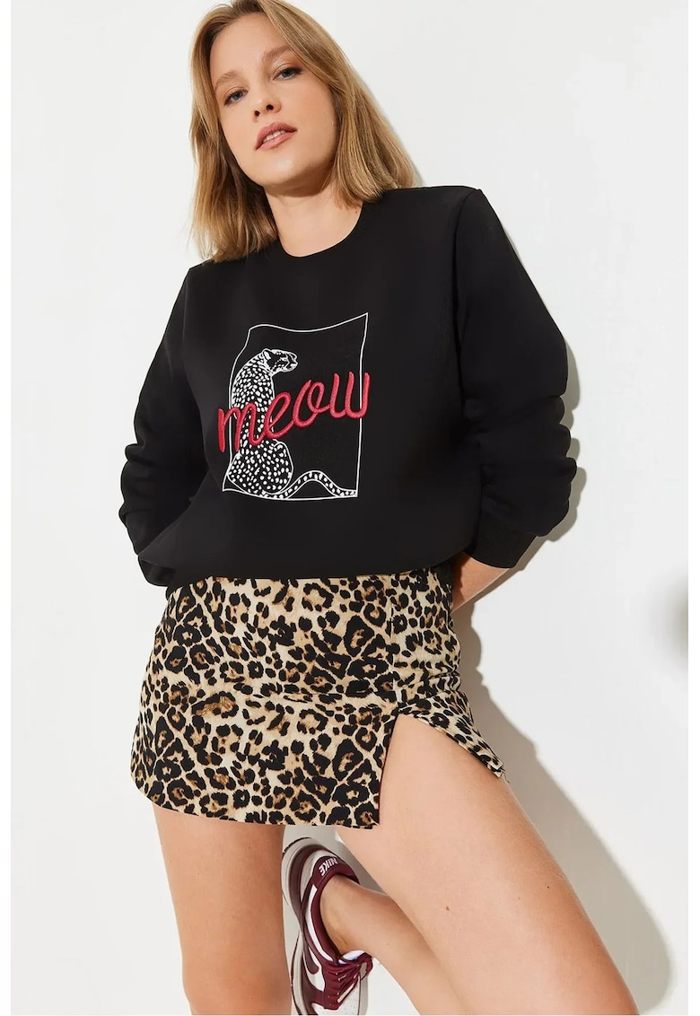 Hanorac dama -  cu guler rotund - imprimeu leopard - negru - bumbac