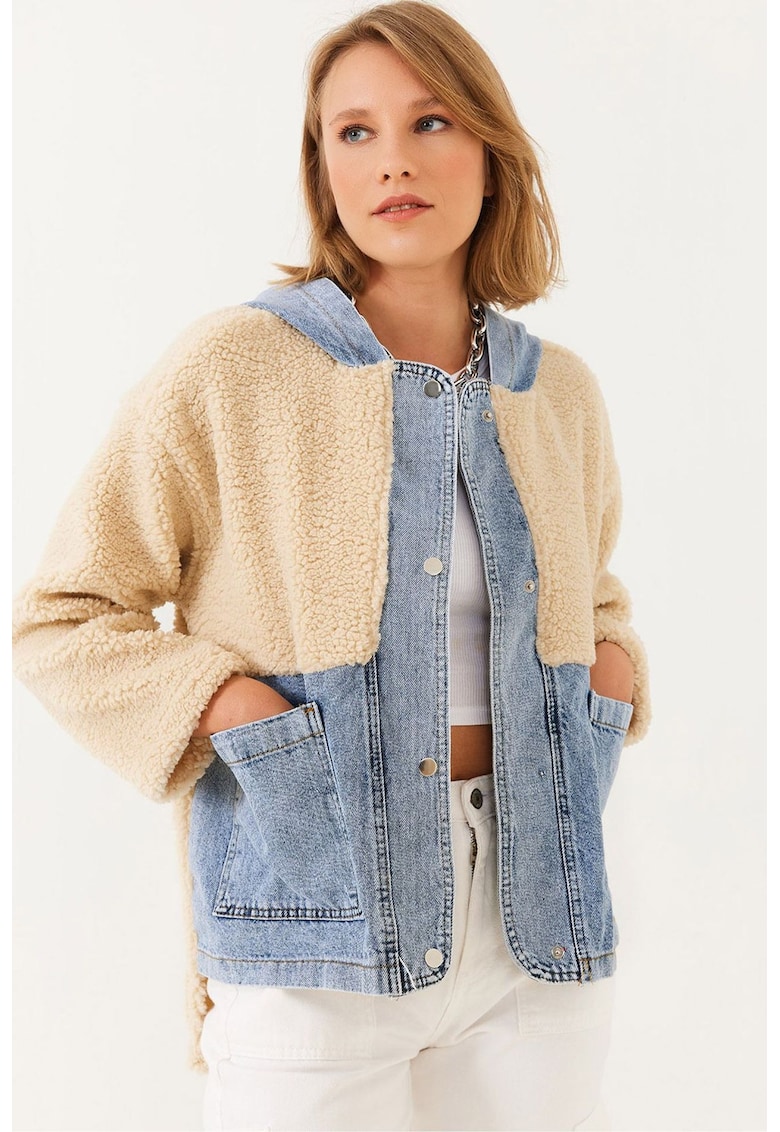 Jacheta dama  bumbac/lycra/blana artificiala - albastru/bej