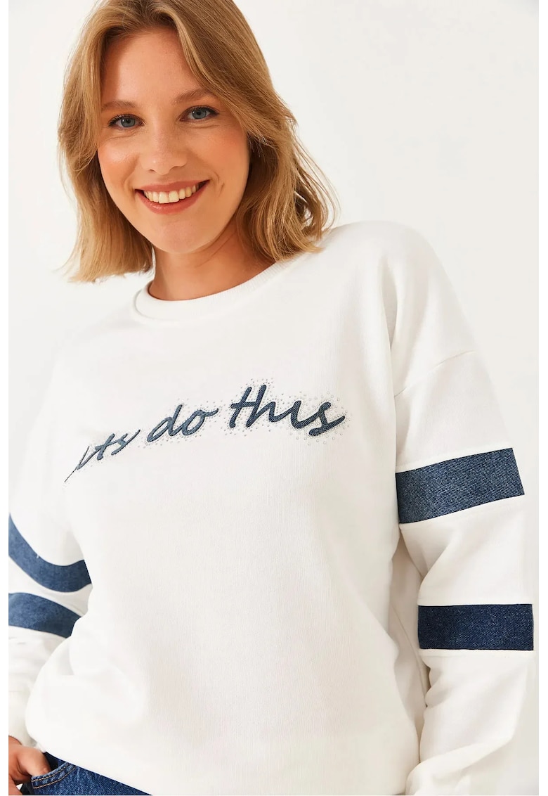 Hanorac dama - cu guler rotund - dungi brodate - alb - bumbac