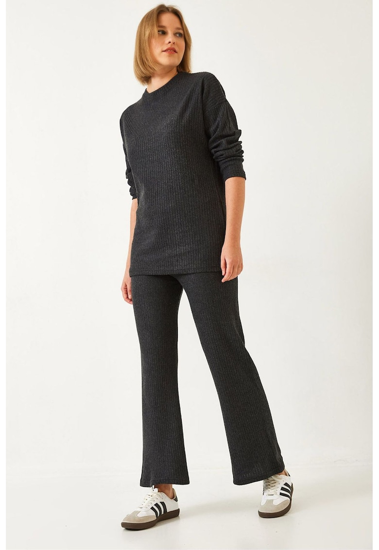 Set doua piese -  pulover lung si pantaloni - gri carbune - bumbac si lycra