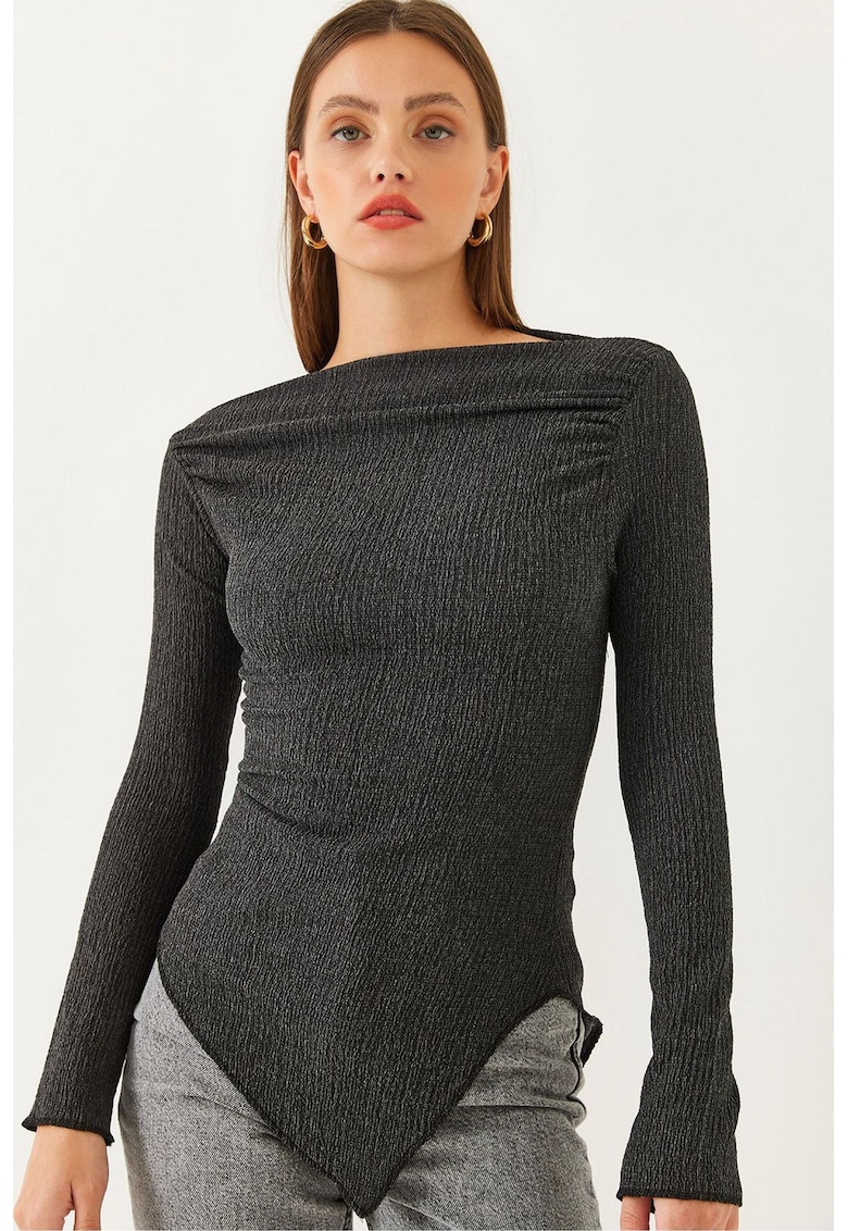 Bluza dama  maneca lunga - guler tip barca - gri inchis - poliester