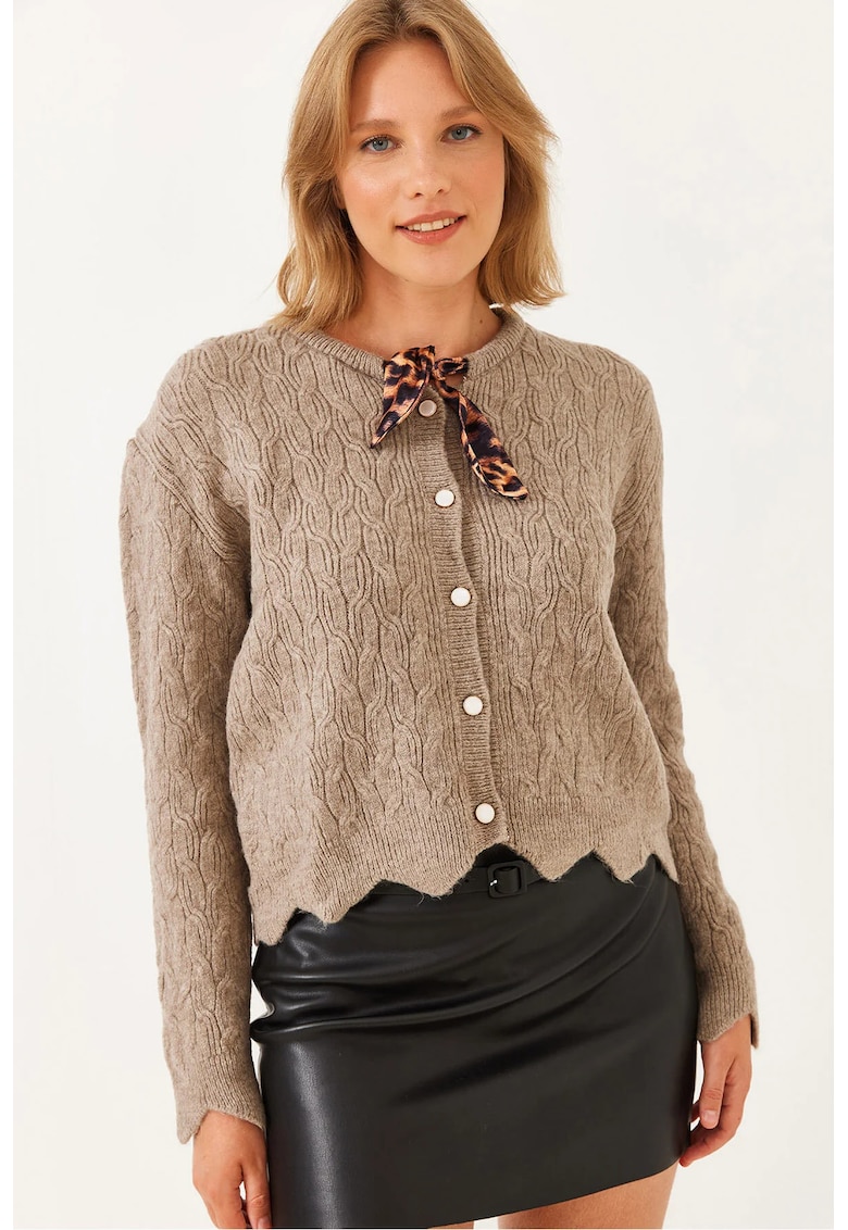 Pulover dama -  cardigan texturat - inchidere cu nasturi - maro melanj - tricot -