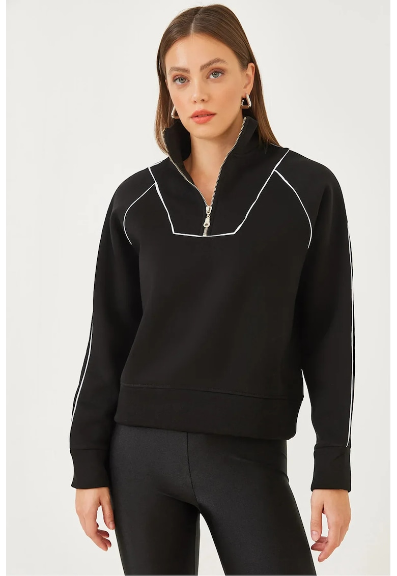 Hanorac dama supradimensionat - cu gluga si pompon - negru - poliester