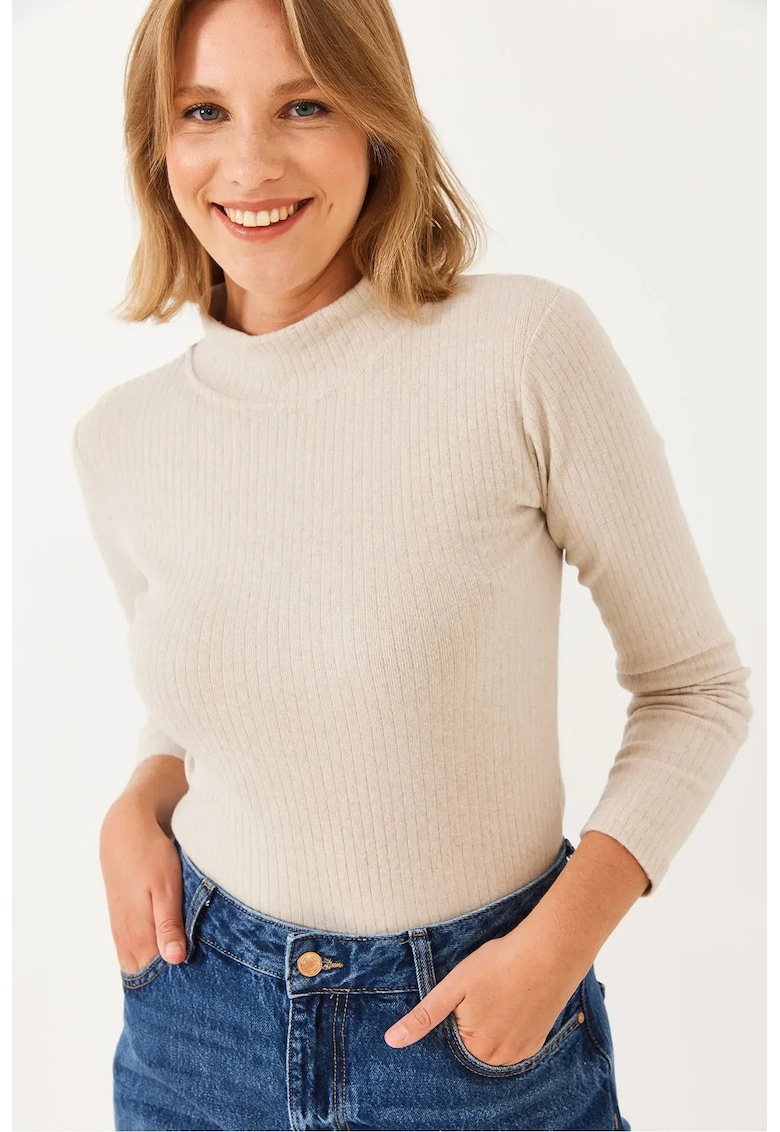 Bluza dama -  bumbac/poliester/elastan - guler inalt - bej