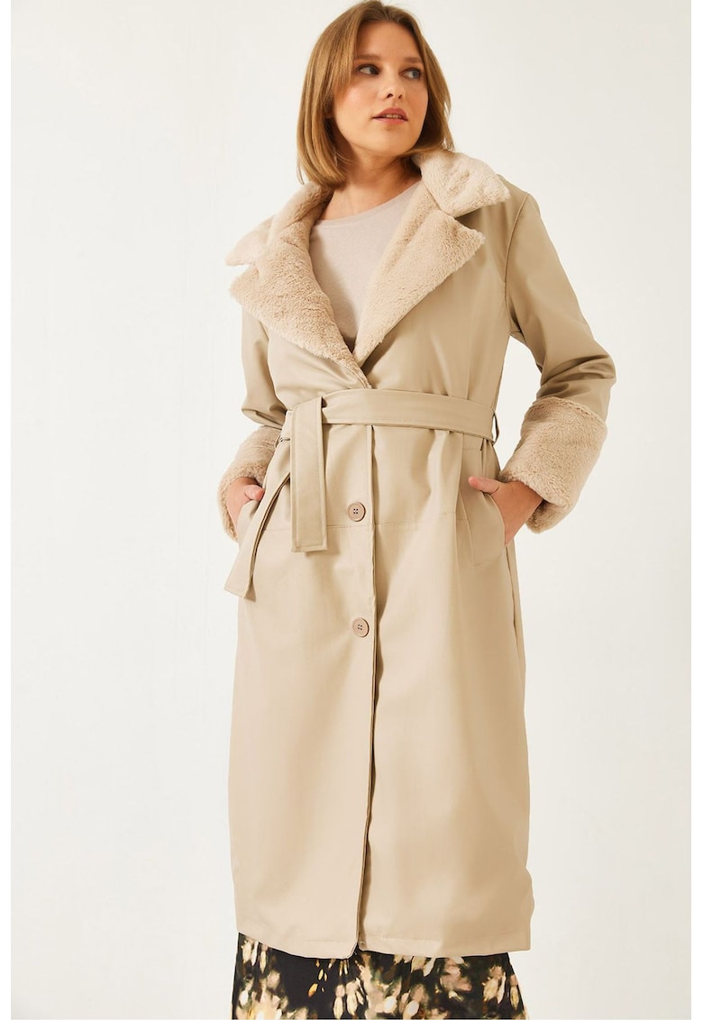 Palton lung dama -  piele ecologica/blana artificiala - bej