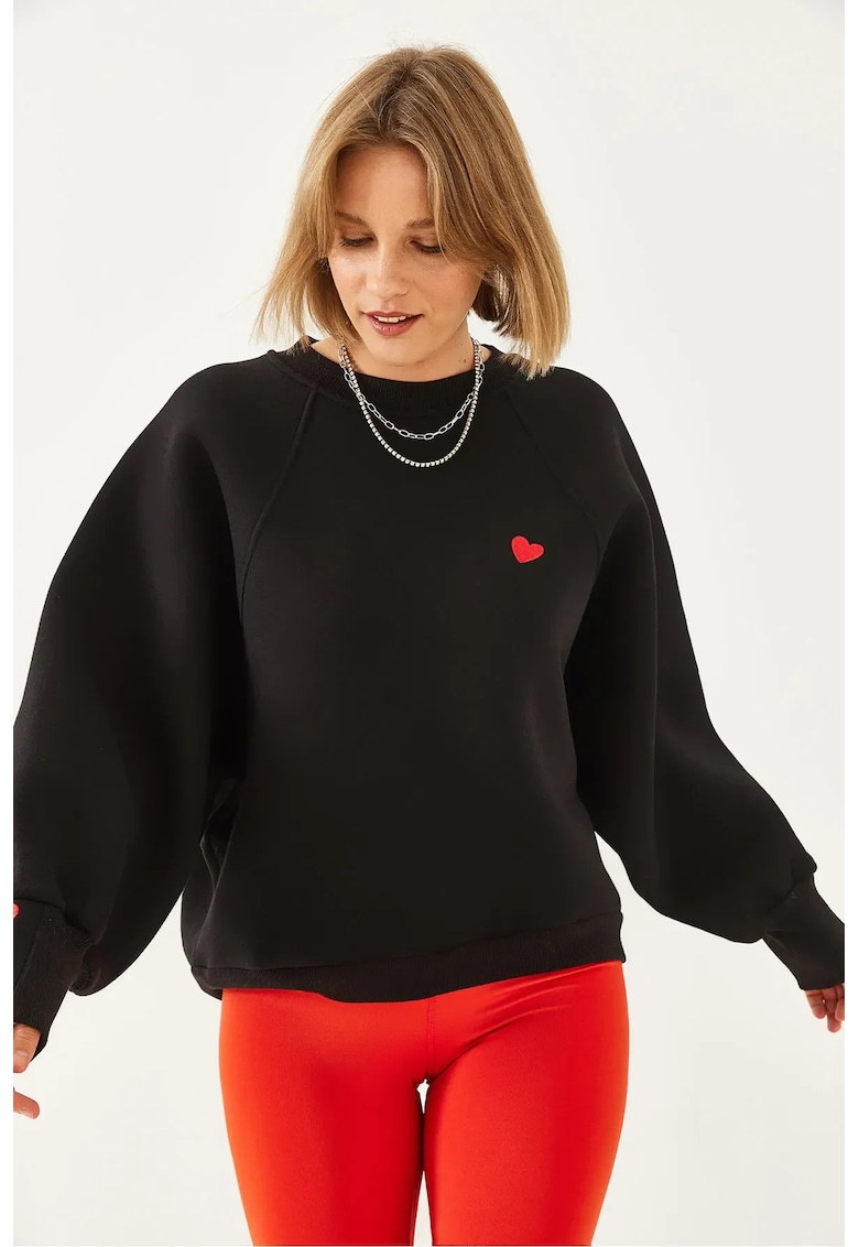 Hanorac dama - HiCCUP - cu maneca lunga - guler rotund - brodat - negru - bumbac