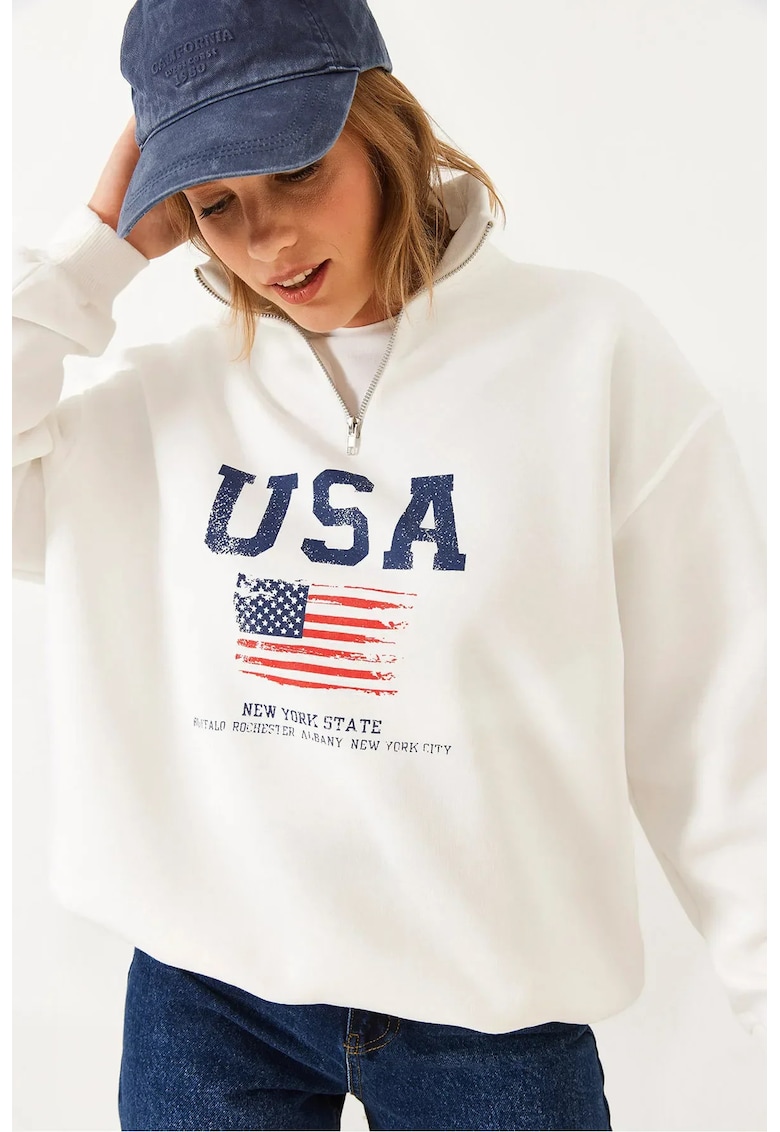 Hanorac dama -  cu gluga si fermoar - imprimeu pe spate - alb - bumbac