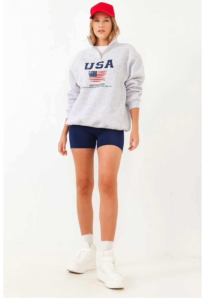 Hanorac dama - cu gluga si fermoar - gri - bumbac