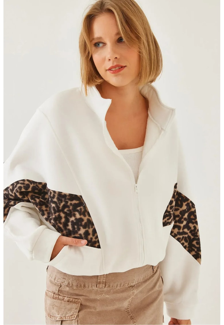 Cardigan -  Boxy Crop - imprimeu leopard - guler cu fermoar - Alb - tricot