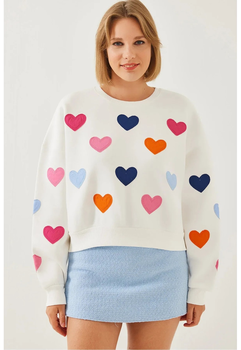 Hanorac dama -  guler rotund - brodat cu inima - alb - bumbac