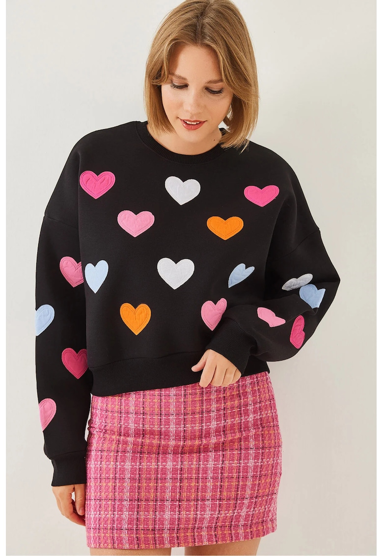 Hanorac dama - guler rotund - brodat - negru - bumbac