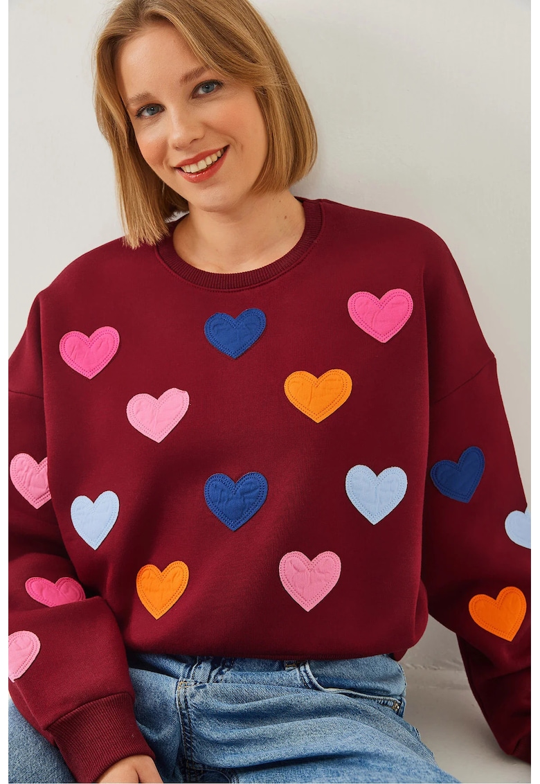 Hanorac dama - guler rotund - brodat - visiniu - bumbac