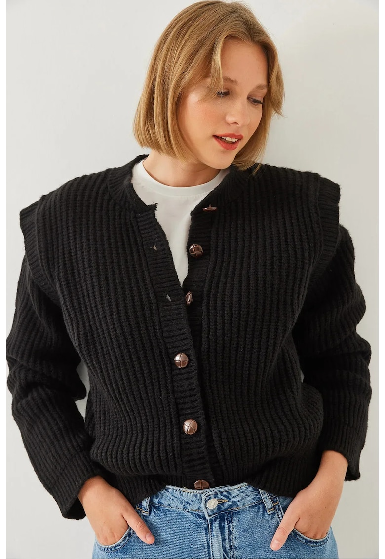 Pulover dama -  cardigan texturat cu nervuri si nasturi - negru - tricot -