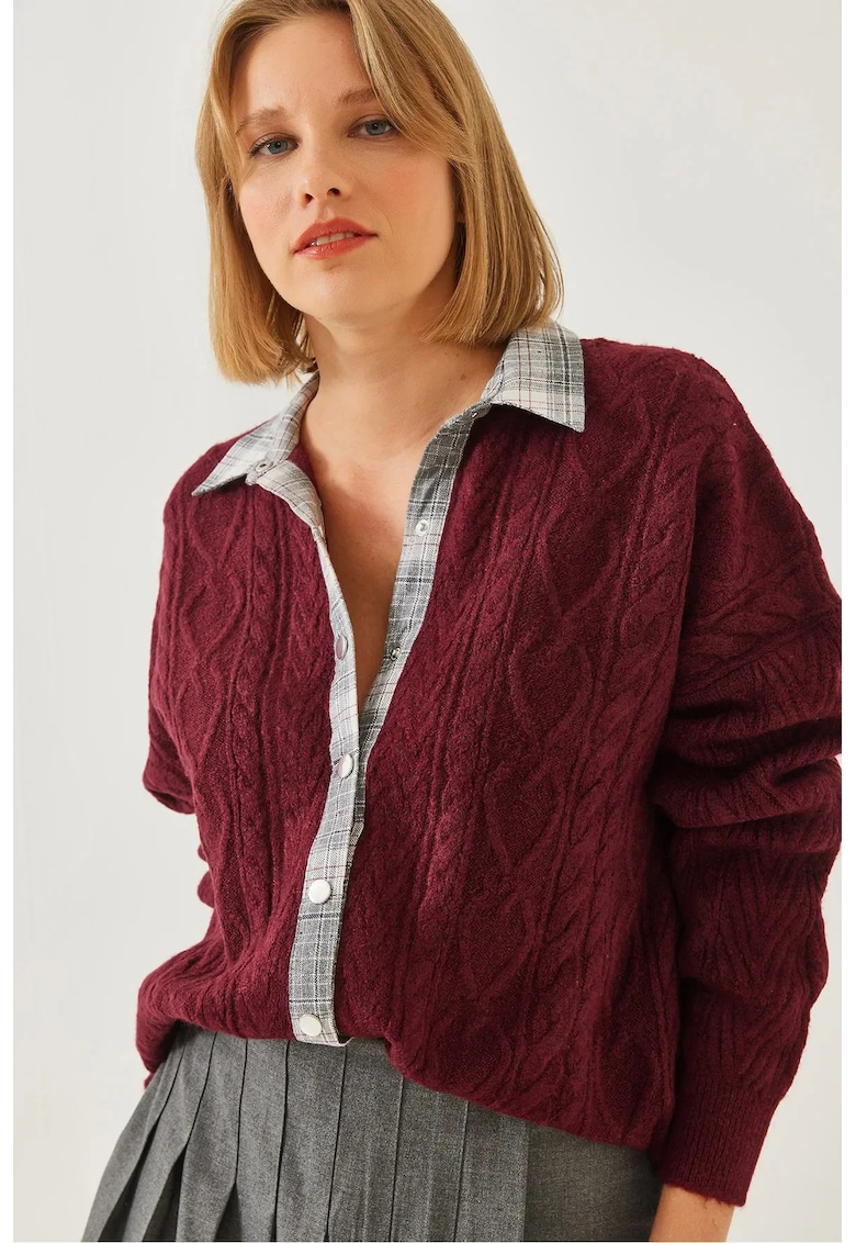 Pulover dama -  cardigan texturat tricotat cu guler camasa - visiniu - tricot -