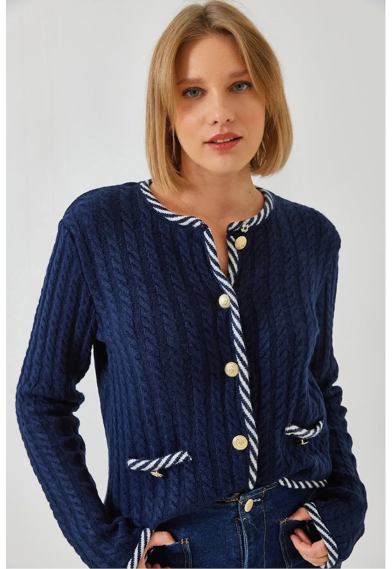 Cardigan Femei texturat - tricot - bleumarin - cu inchidere cu nasturi si buzunare -