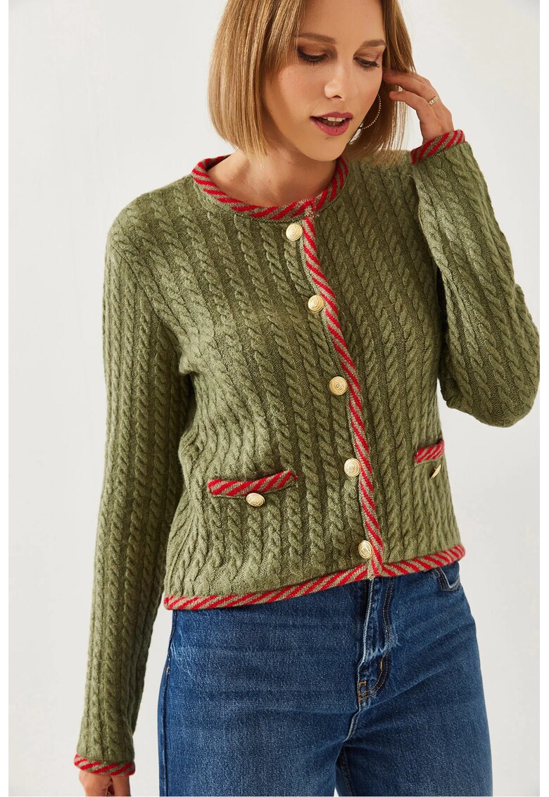 Cardigan dama -  tricotat texturat - verde menta - cu inchidere cu nasturi si buzunare -