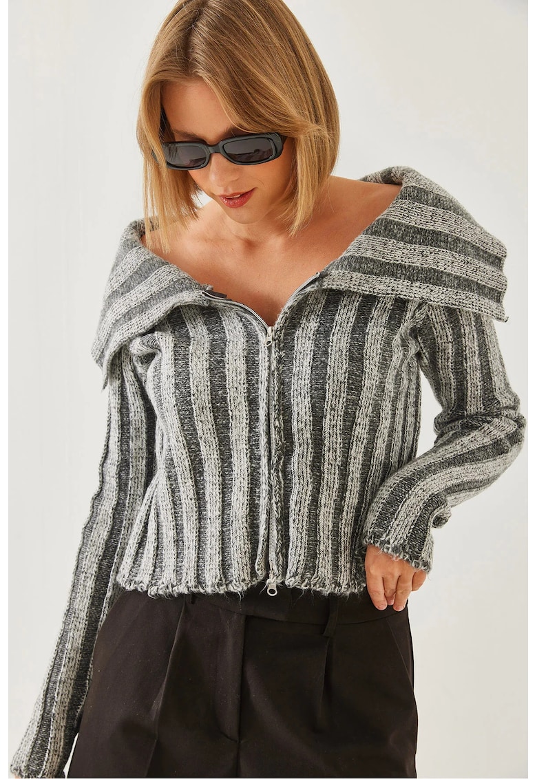 Pulover dama - cardigan scurt cu gluga - dungi - gri inchis - tricot -