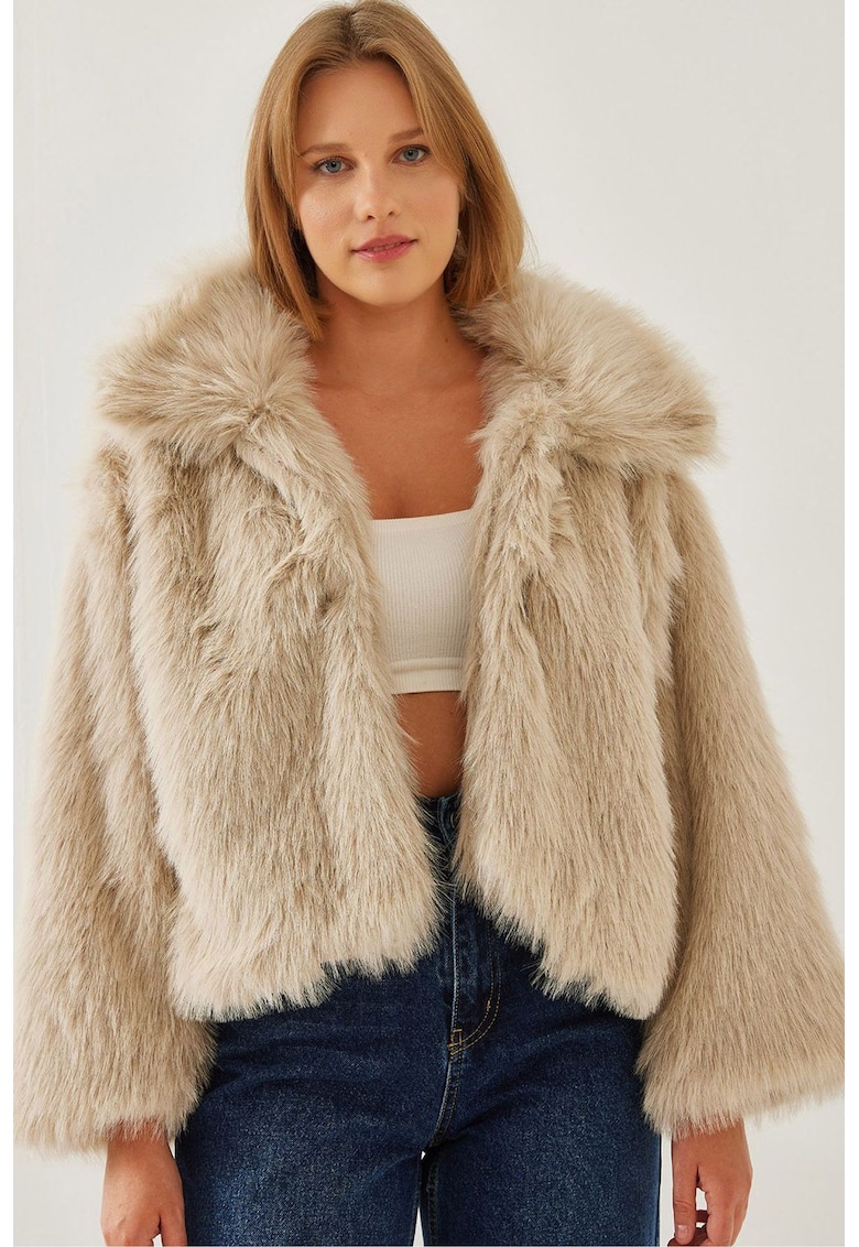 Palton scurt dama - din blana artificiala -  bej