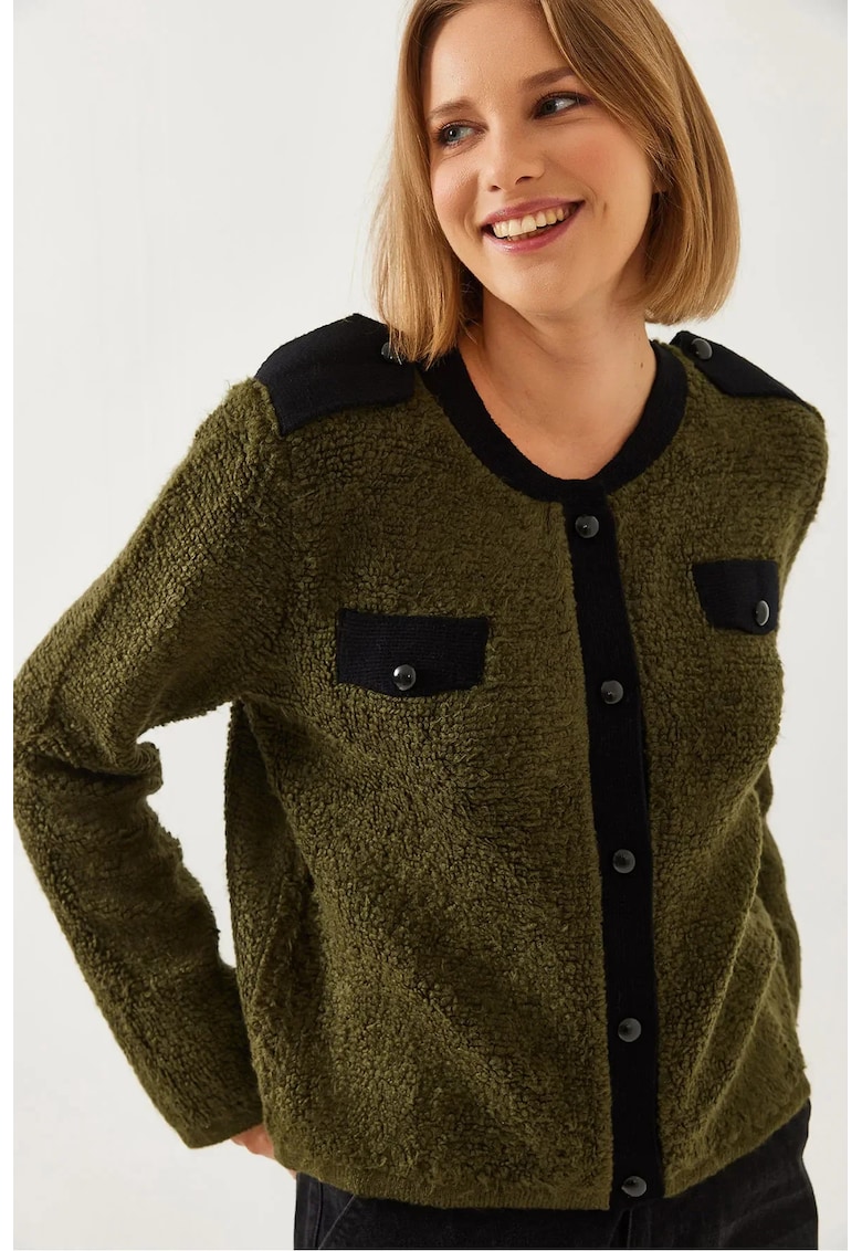 Cardigan tricotat cu inchidere cu nasturi - buzunare - verde - bumbac si poliester -