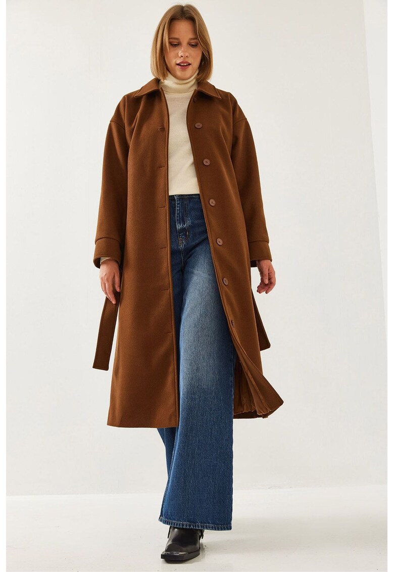 Palton din tweed cu curea - guler elegant - culoare maro scortisoara - material bumbac si lana -