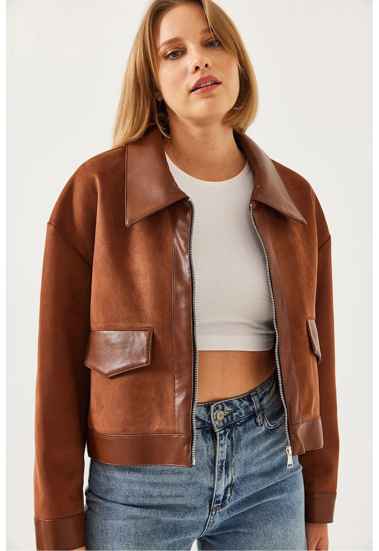 Jacheta scurta dama - piele ecologica - maro -