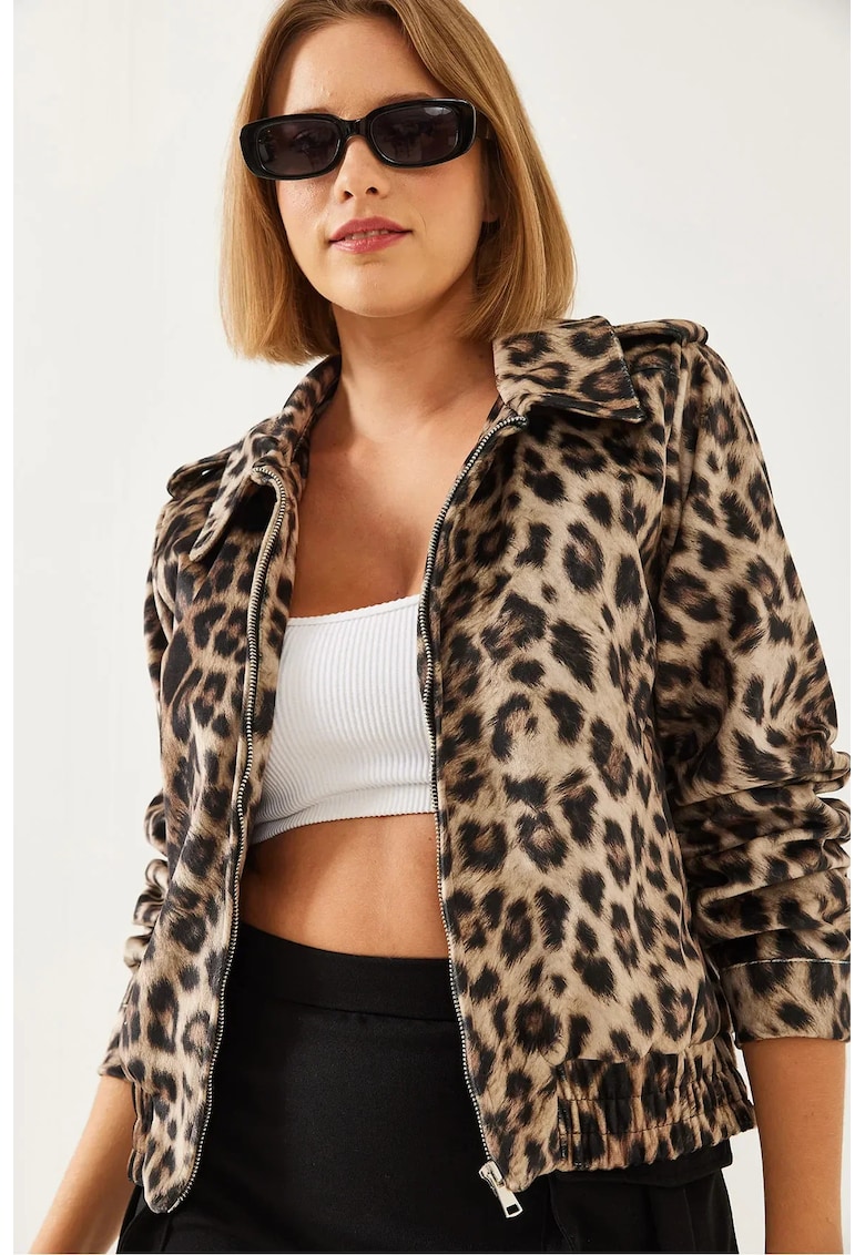 Jacheta dama - cu Fermoar si Imprimeu Leopard - poliester - negru/maro