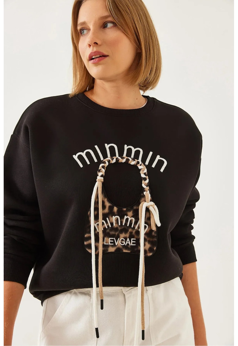 Hanorac dama -  guler rotund - imprimeu leopard brodat - negru - bumbac