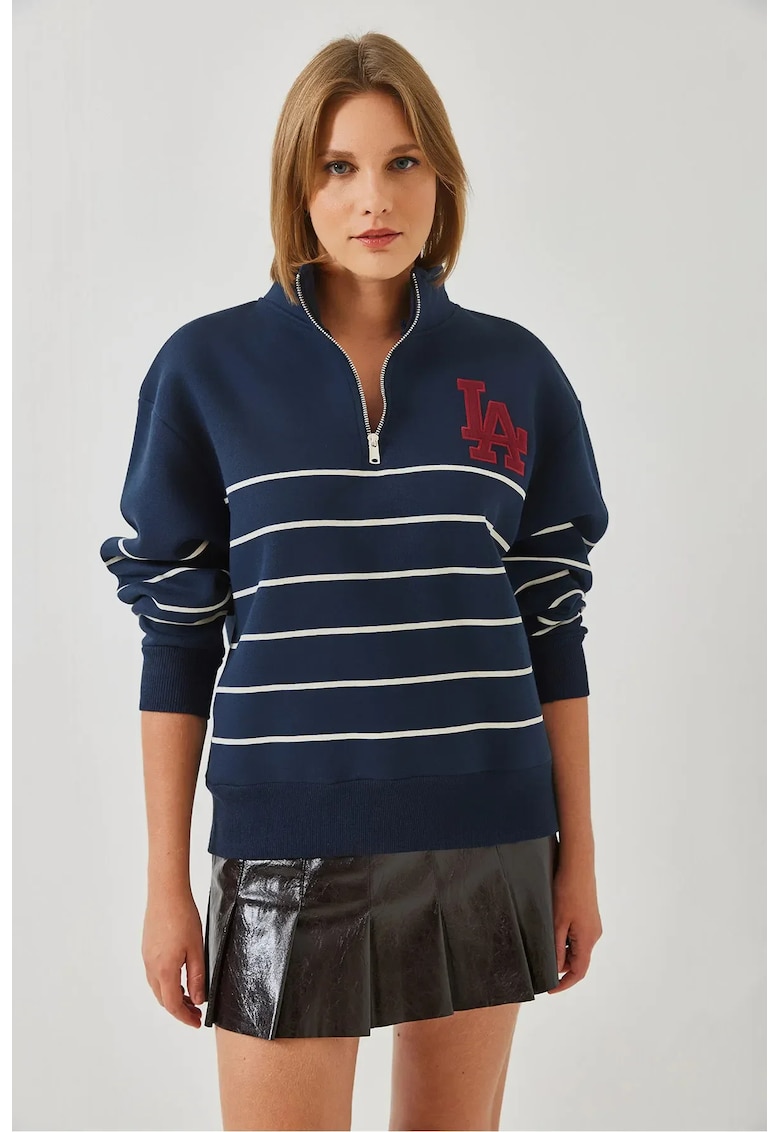 Hanorac dama  din bumbac - cu dungi - guler cu fermoar - bleumarin